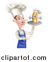 Vector Illustration of a Pointing Male Chef with a Curling Mustache, Holding a Hot Dog on a Platter by AtStockIllustration