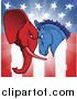 Vector Illustration of a Political Donkey and Elephant Facing off over an American Flag by AtStockIllustration