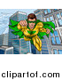 Vector Illustration of a Pop Art Comic Male Super Hero Flying Forward over a City by AtStockIllustration