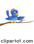 Vector Illustration of a Presenting Christmas Bluebird Wearing a Santa Hat and Perched on a Branch with Snow by AtStockIllustration