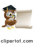 Vector Illustration of a Professor Owl with Glasses and Graduation Cap, Pointing to a Scroll by AtStockIllustration