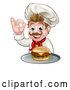 Vector Illustration of a Proud White Male Chef Gesturing Okay While Presenting Cheeseburger on a Tray by AtStockIllustration