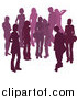 Vector Illustration of a Purple Group of Silhouetted People Hanging out in a Crowd, Two Friends Embracing in the Middle by AtStockIllustration