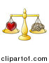 Vector Illustration of a Red Heart and Brain on Golden Scales, Following Logic or Passions by AtStockIllustration