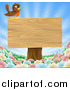 Vector Illustration of a Robin Perched on a Blank Wood Sign on a Tree Stump over Spring Flowers by AtStockIllustration