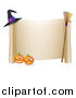 Vector Illustration of a Scroll Sign with a Witch Hat Broom and Halloween Pumpkins by AtStockIllustration