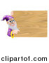 Vector Illustration of a Senior Male Wizard Pointing Around a Plank Wooden Sign by AtStockIllustration