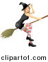 Vector Illustration of a Sexy Blond Witch in a Tight Black Dress, Stockings, Hat and Black Shoes, Flying Through the Sky on a Broom by AtStockIllustration