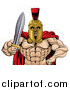 Vector Illustration of a Shirtless Muscular Gladiator Gladiator Man in a Helmet, Holding out a Sword, from the Waist up by AtStockIllustration