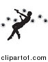 Vector Illustration of a Silhouetted Action Hero Leaping Through the Air and Shooting by AtStockIllustration