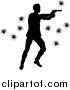 Vector Illustration of a Silhouetted Action Hero Shooting, over Bullet Holes by AtStockIllustration