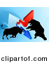Vector Illustration of a Silhouetted Bear Vs Bull Stock Market Design with Arrows over a Graph by AtStockIllustration