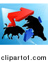 Vector Illustration of a Silhouetted Bear Vs Bull Stock Market Design with Arrows over a Graph by AtStockIllustration