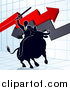 Vector Illustration of a Silhouetted Business Man Holding a Sword and Riding a Stock Market Bull Against a Graph with Arrows by AtStockIllustration