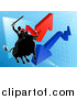 Vector Illustration of a Silhouetted Business Man Wielding a Sword and Riding a Stock Market Bull Against a Graph with Arrows by AtStockIllustration