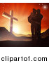 Vector Illustration of a Silhouetted Christian Family Huddling near a Cross at Sunset by AtStockIllustration