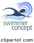 Vector Illustration of a Silhouetted Dark Blue Swimmer in a Wave, with Sample Text by AtStockIllustration