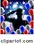 Vector Illustration of a Silhouetted Male Military Veteran Saluting over an American Flag and Balloons by AtStockIllustration