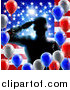 Vector Illustration of a Silhouetted Male Military Veteran Saluting over an American Flag and Balloons by AtStockIllustration