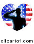 Vector Illustration of a Silhouetted Male Military Veteran Saluting over an American Flag Heart and Bursts by AtStockIllustration