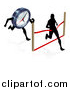 Vector Illustration of a Silhouetted Man Running Through a Finish Line Before a Clock Character by AtStockIllustration