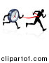 Vector Illustration of a Silhouetted Man Running Through a Finish Line Before a Clock Character by AtStockIllustration