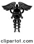 Vector Illustration of a Silhouetted Person As the Rod in a Medical Snake and Wing Caduceus, Black and White by AtStockIllustration
