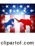 Vector Illustration of a Silhouetted Political Aggressive Democratic Donkey or Horse and Republican Elephant Battling over an American Flag and Burst by AtStockIllustration