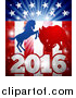 Vector Illustration of a Silhouetted Political Aggressive Democratic Donkey or Horse and Republican Elephant Battling over an American Flag and Burst by AtStockIllustration