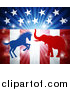 Vector Illustration of a Silhouetted Political Aggressive Democratic Donkey or Horse and Republican Elephant Fighting over an American Flag and Burst by AtStockIllustration
