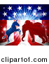 Vector Illustration of a Silhouetted Political Democratic Donkey and Republican Elephant Fighting over an American Design and Burst by AtStockIllustration