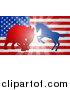 Vector Illustration of a Silhouetted Political Democratic Donkey or Horse and Republican Elephant Battling over an American Flag and Burst by AtStockIllustration