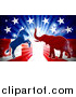 Vector Illustration of a Silhouetted Political Democratic Donkey or Horse and Republican Elephant Fighting over an American Design and Burst by AtStockIllustration