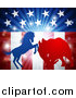 Vector Illustration of a Silhouetted Political Democratic Donkey or Horse and Republican Elephant Fighting over an American Design and Burst by AtStockIllustration
