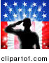 Vector Illustration of a Silhouetted Saluting Soldier over Fireworks and an American Flag by AtStockIllustration
