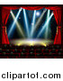 Vector Illustration of a Silhouetted Theater Audience Facing a Stage with Lights by AtStockIllustration