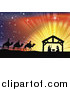 Vector Illustration of a Silhouetted Traditional Christian Nativity Scene with the Three Wise Men and the Manger Against Rays by AtStockIllustration