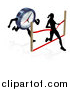 Vector Illustration of a Silhouetted Woman Racing Against the Clock, Running Through a Finish Line by AtStockIllustration