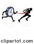 Vector Illustration of a Silhouetted Woman Sprinting Through a Finish Line Before a Clock Character by AtStockIllustration