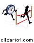 Vector Illustration of a Silhouetted Woman Sprinting Through a Finish Line Before a Clock Character by AtStockIllustration
