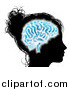 Vector Illustration of a Silhouetted Woman's Head with a Glowing Blue Brain by AtStockIllustration