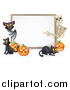 Vector Illustration of a Skeleton and Bat Pointing to a Halloween Sign with Black Cats and Pumpkins by AtStockIllustration