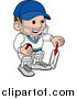 Vector Illustration of a Smiling Cricket Player with a Helmet, Ball and Bat by AtStockIllustration