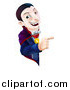 Vector Illustration of a Smiling Vampire Looking Around and Pointing to a Sign by AtStockIllustration