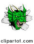 Vector Illustration of a Snarling Fierce Green Dragon Mascot Head Breaking Through a Wall by AtStockIllustration