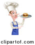 Vector Illustration of a Snooty White Male Chef with a Curling Mustache, Holding a Gourmet Cheeseburger on a Tray and Pointing by AtStockIllustration