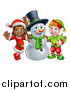 Vector Illustration of a Snowman Waving with Two Christmas Elves by AtStockIllustration