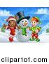 Vector Illustration of a Snowman Waving with Two Christmas Elves in a Winter Landscape by AtStockIllustration