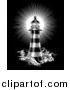 Vector Illustration of a Spiral Lighthouse and Shining Beacon Engraved on Black by AtStockIllustration