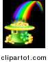 Vector Illustration of a St Patricks Day Leprechaun Hat Pot of Gold and Rainbow on Black by AtStockIllustration